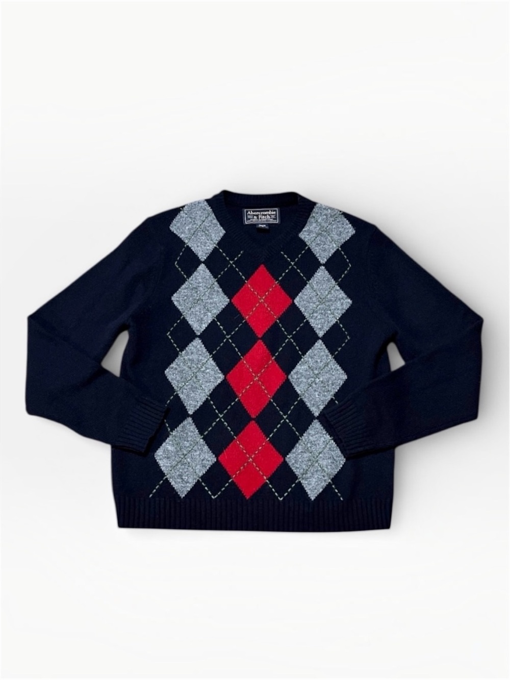 Abercrombie & Fitch 100% Wool Argyle V-Neck Sweater in Red, Black, Gray Size M